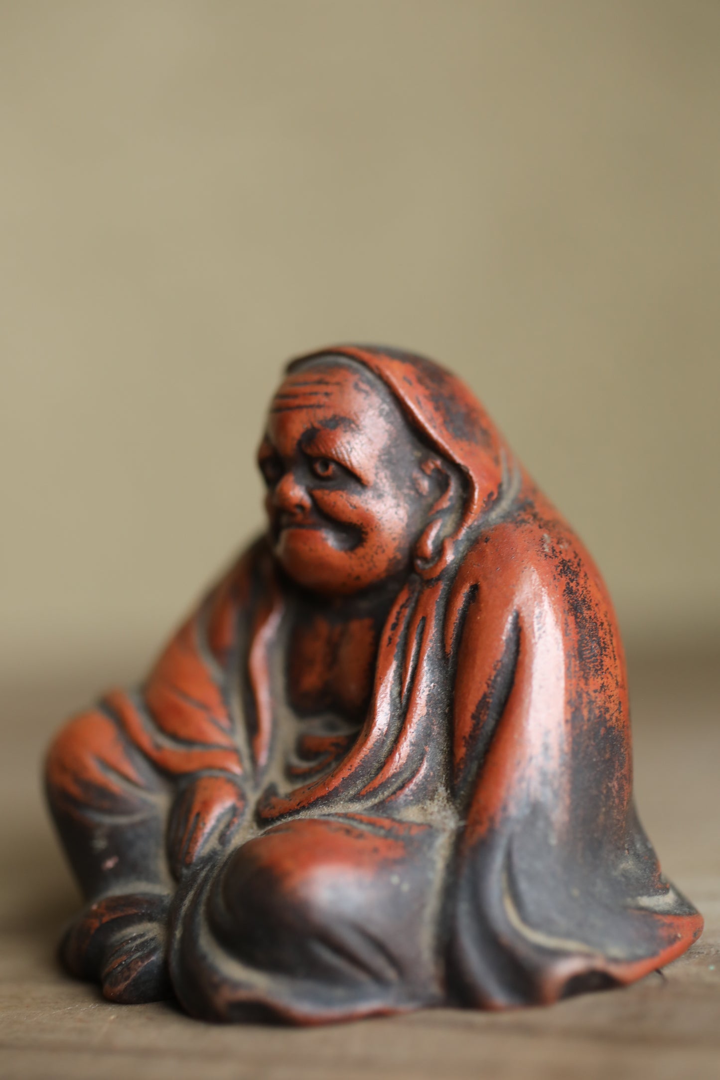 Daruma- Antique Japanese Pottery Statue, Zen Monk Doll Ornament, Buddhist