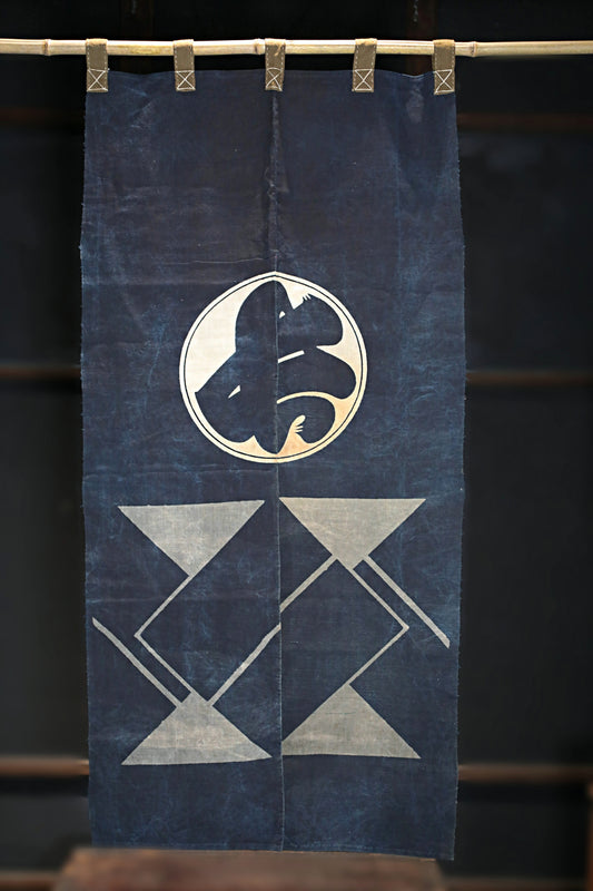 Antique Japanese Noren Curtain – Indigo Cotton Room Divider, Edo Era Crest Design