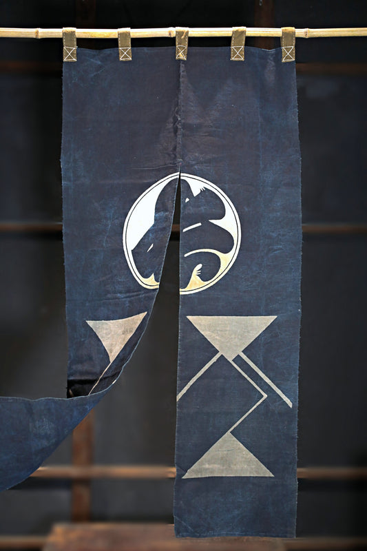 Antique Japanese Noren Curtain – Indigo Cotton Room Divider, Edo Era Crest Design