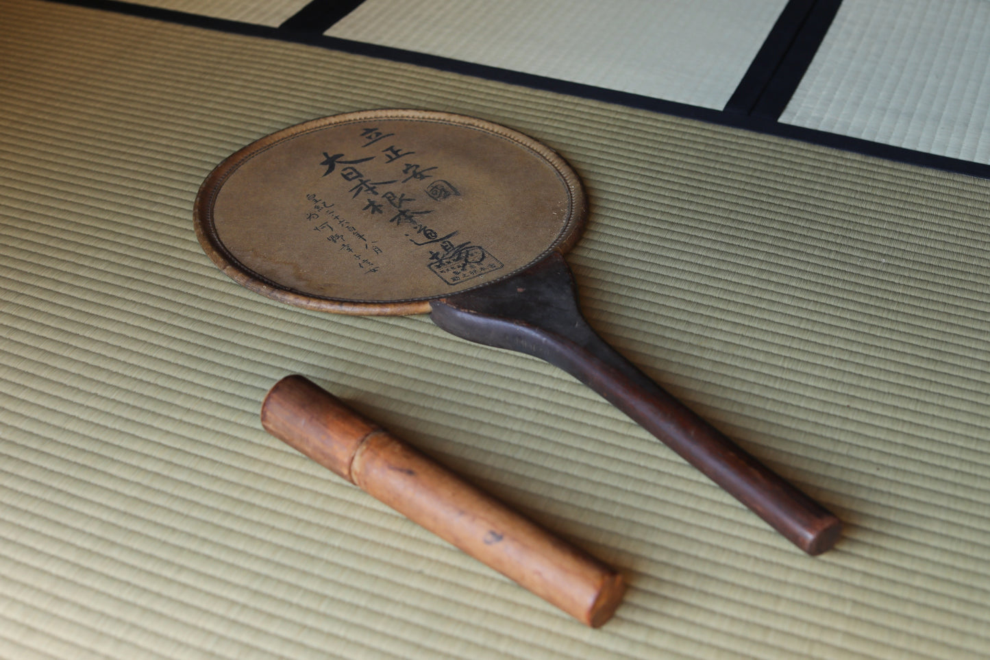 Japanese vintage buddhist Nichiren sect drum drumstick set, TAIKO temple instrument 1940s 29.1in/74cm