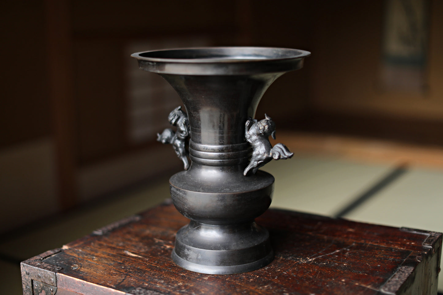 Vintage Japanese Bronze Vase, Lion Handles, Buddhist Temple Utensil, Ikebana