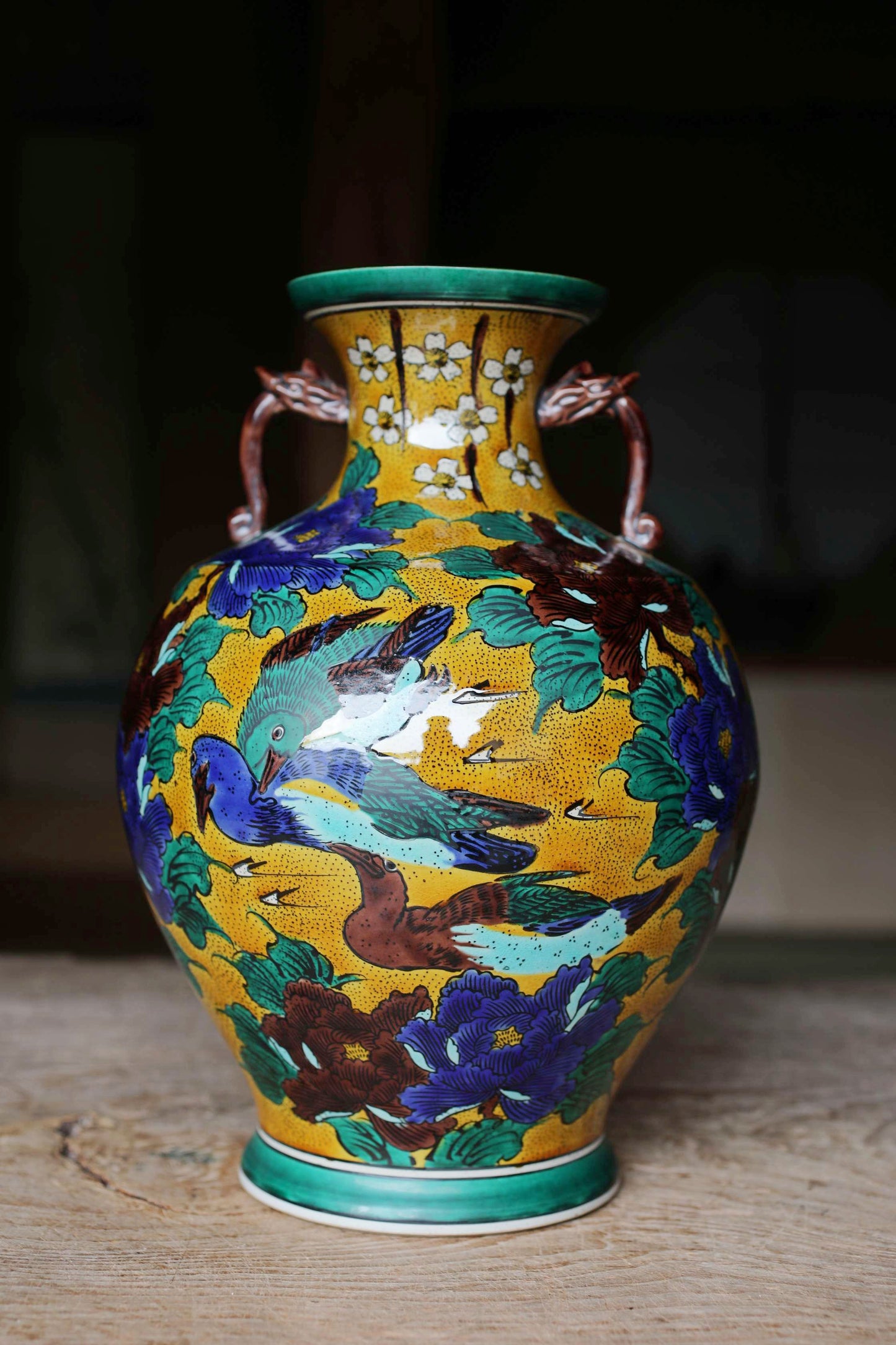 Kutani Ware Large Jar with birds and flower,Yellow & green Vase (H11.8in/H30cm)