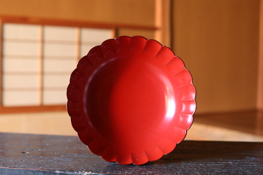 Japanese vintage red lacquer urushi Chrysanthemum flower shape serving bowl for sweets 9.4in/24cm