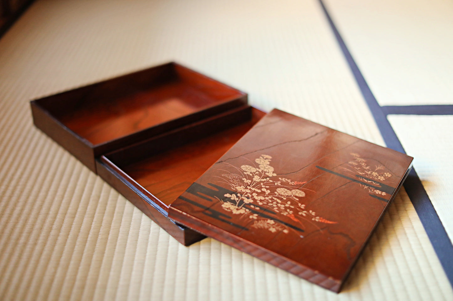 Japanese Makie Gold Lacquer Dark brown with Floral designs wooden box Two-tiered for letter container