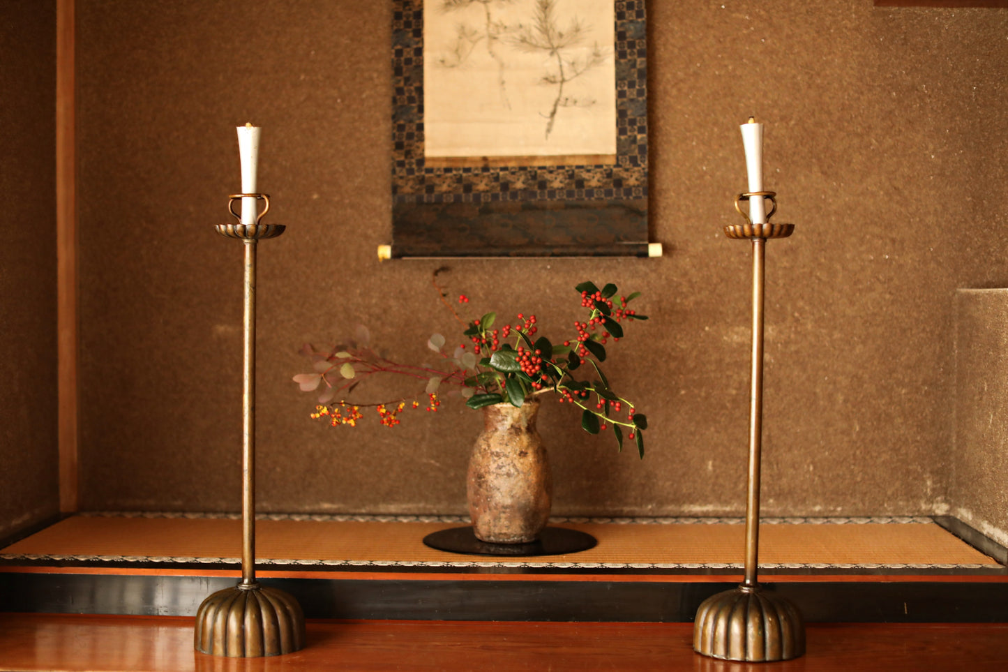Japan Antique Brass candle holder metal carving Flower Shape Candlestick Single Lantern Shokudai From Buddhist temple 1900s H27in/H68.5cm