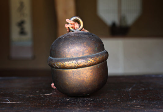 Japanese Antique 1700s big bronze bell Shinto shrine with singed, arabesque patterns