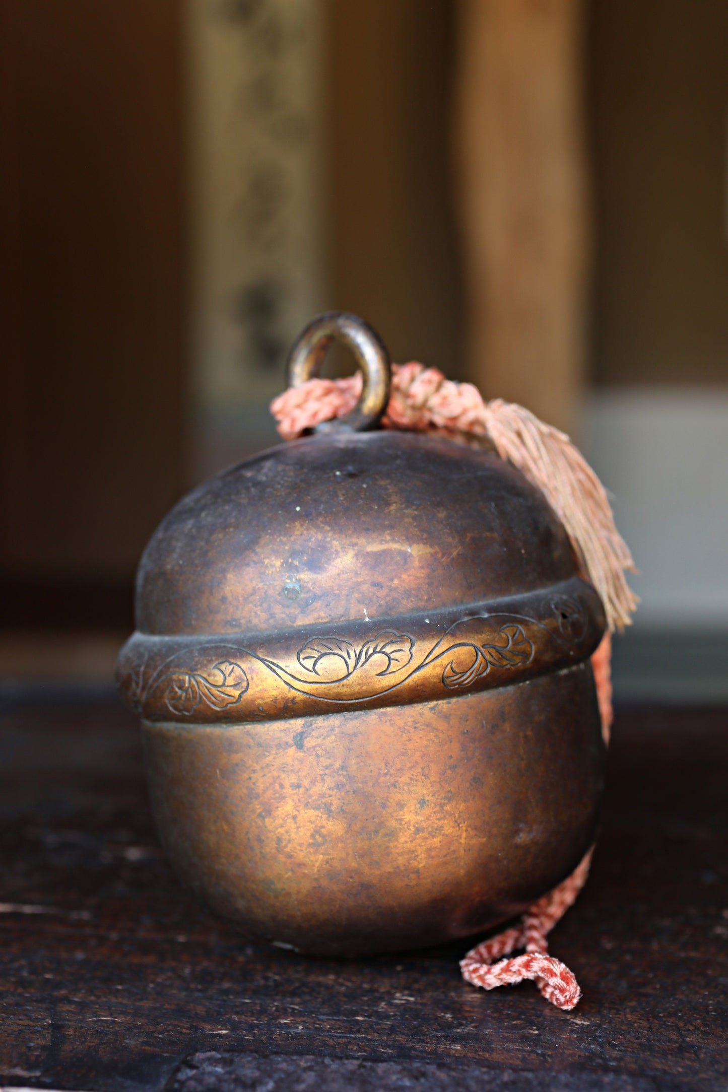 Japanese Antique 1700s big bronze bell Shinto shrine with singed, arabesque patterns