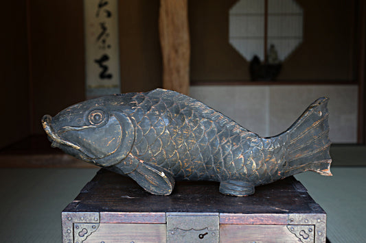 Large Wooden Fish, Japanese Antique Mingei, Irori Jizai Hook