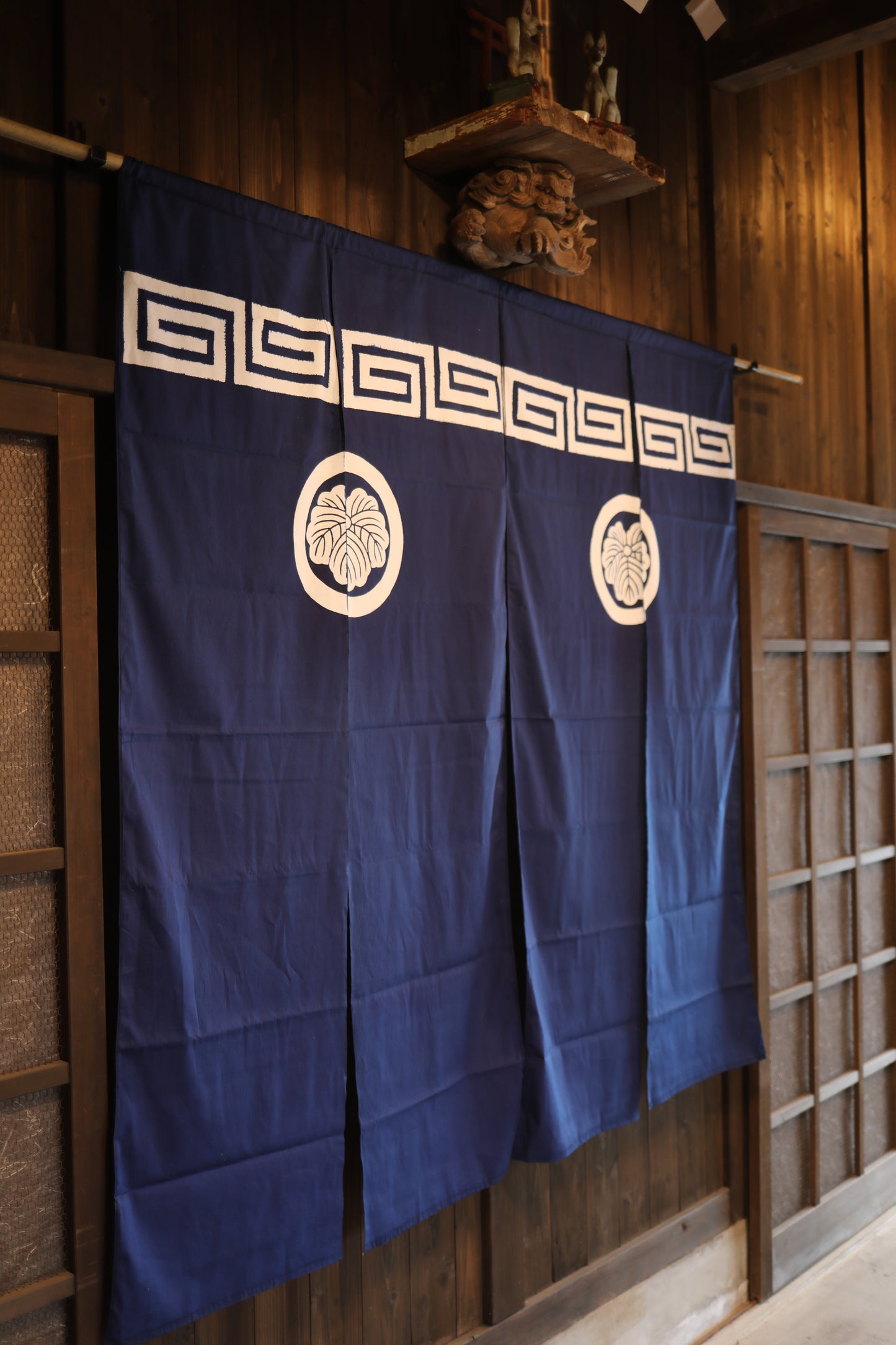 Noren- Japanese vintage curtain screen with crest, blue Japandi interior H68.1in/H173cm