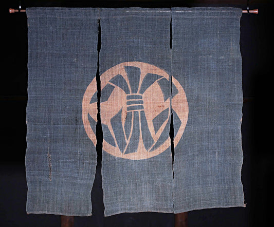 Antique Japanese Linen Noren – Indigo Crest Room Divider, Edo Era Textile Art, Japandi interior