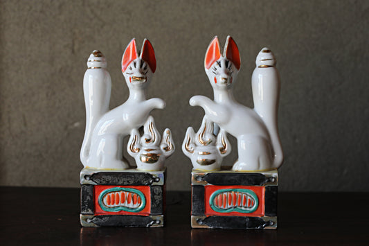 Shinto- Kitsune Vintage Japanese Porcelain Fox Dolls, Shrine Altar Art H7.1in/H18cm