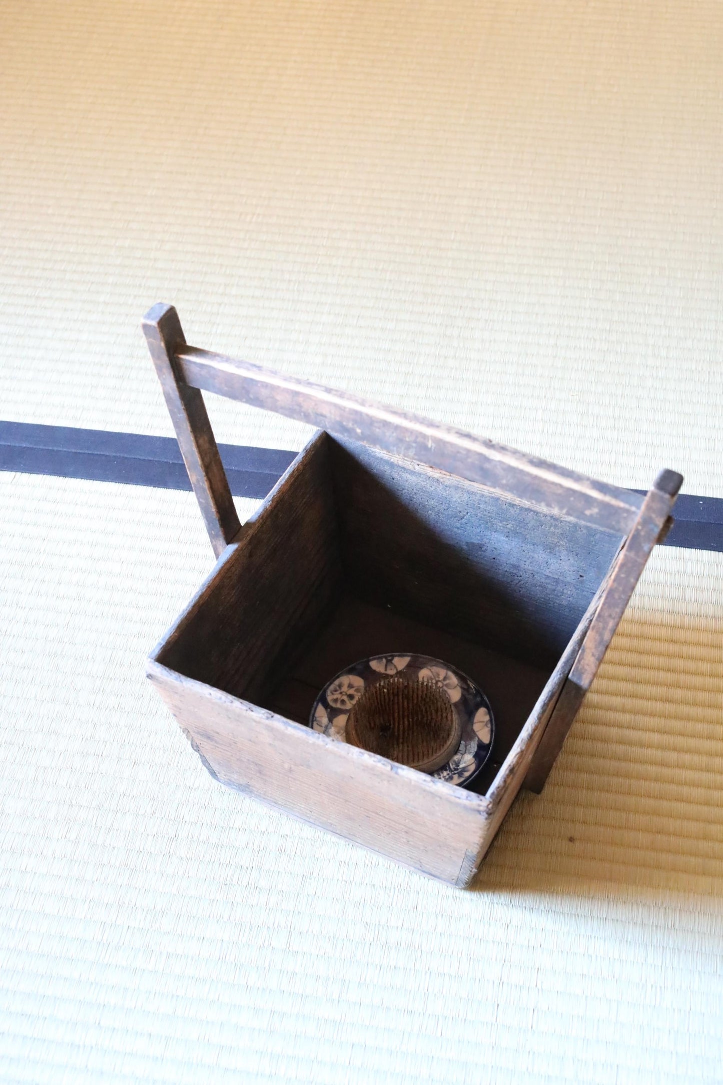 Japanese Charcoal Container - Vintage Wooden Vase with Rustic Kenzan Set