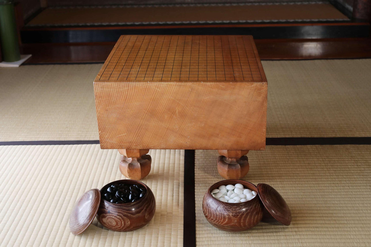 Japanese Go Game Table - Solid Wood Goban with Thick Stone Set & Architectural Board