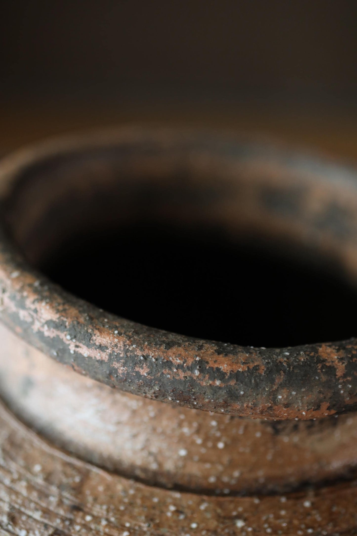 A close-up view of a rusted, weathered vase or container with a dark interior.