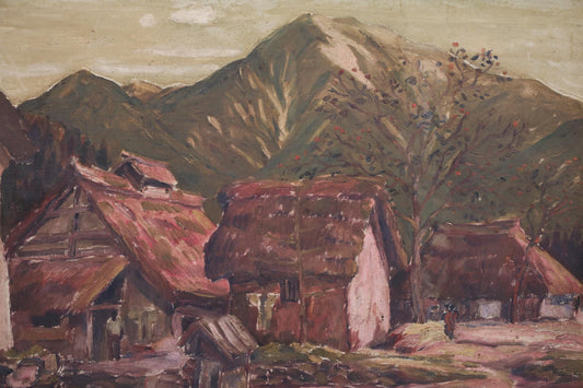 a serene rural landscape with a group of traditional thatched-roof houses nestled in the foreground, set against a backdrop of majestic mountains.