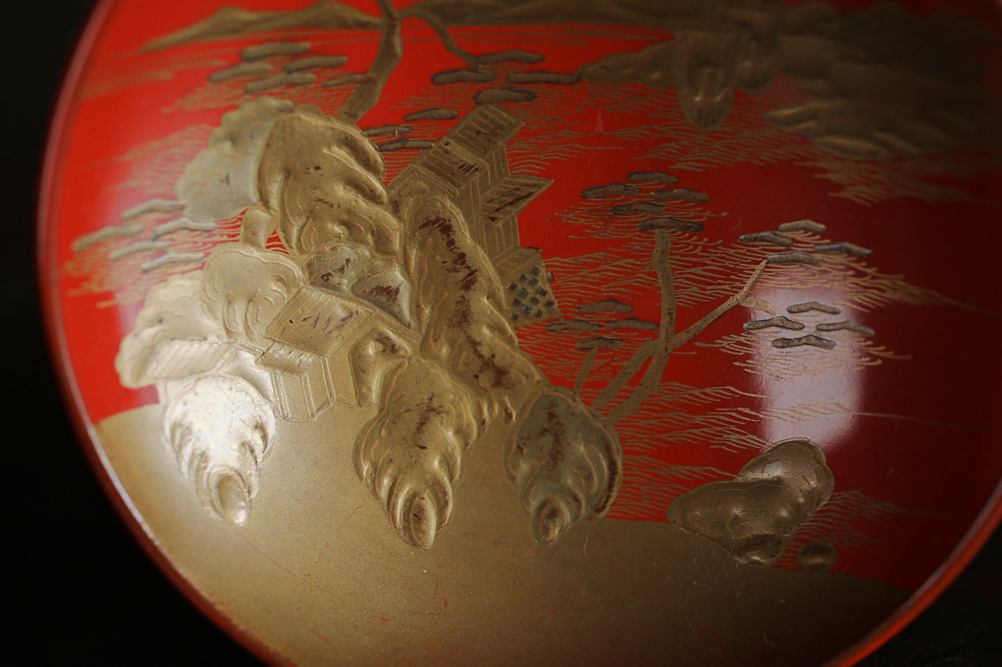 Japanese Urushi Sake Cups - Pair of Gold Makie Design Wooden Mt Fuji Cups