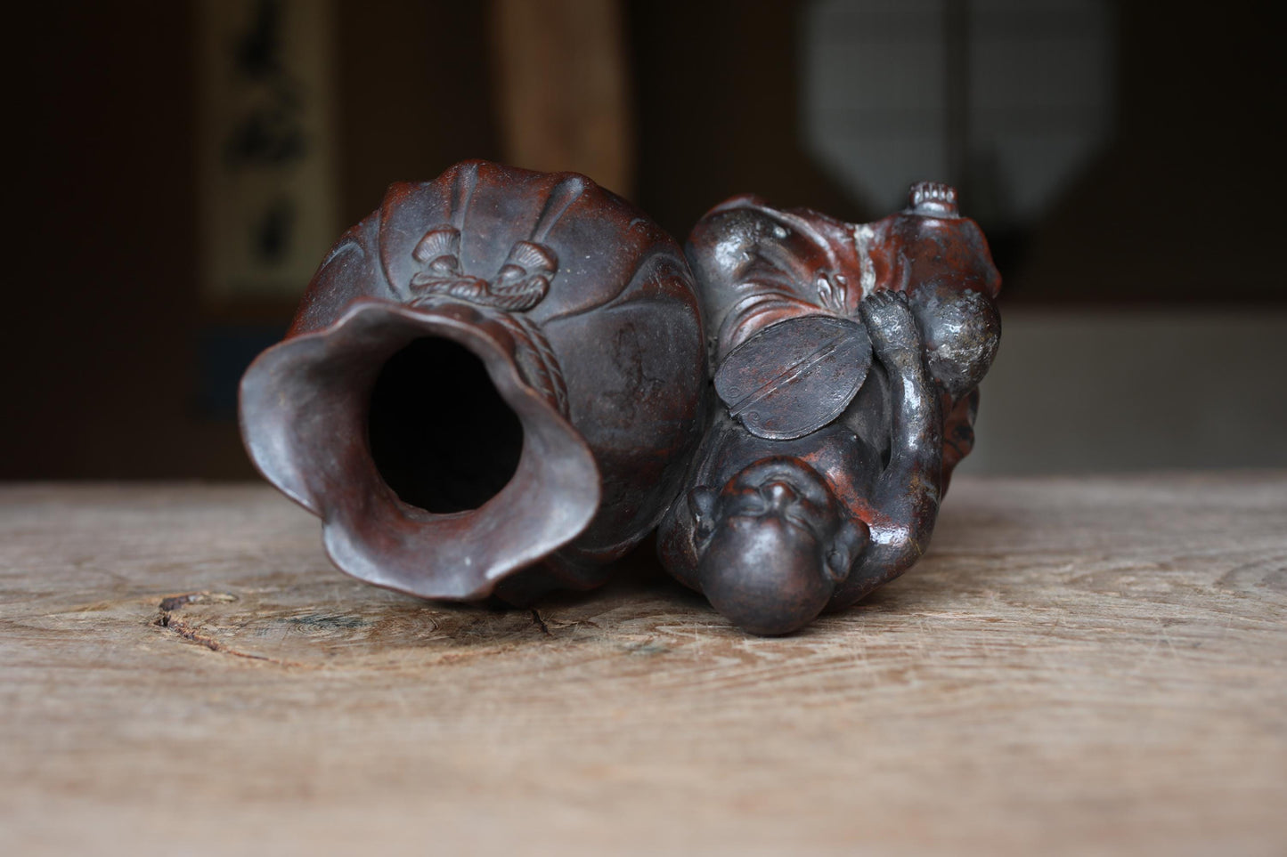 Antique Hotei Figurine – Edo Period Japanese Pottery Coin Box With Wooden Gift Box
