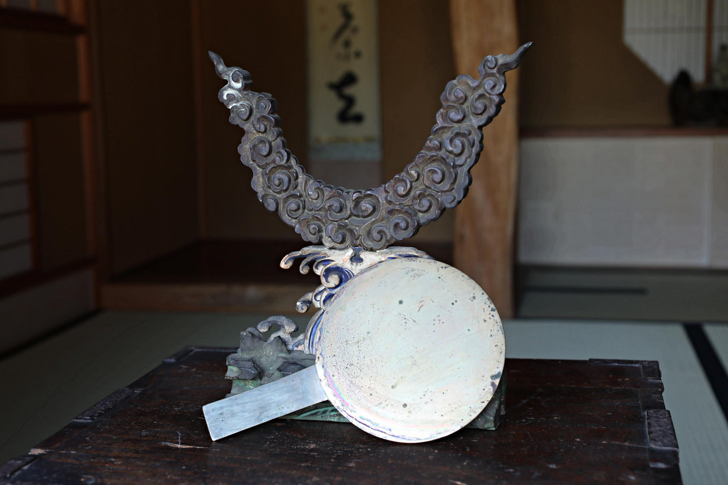 Japanese Antique Bronze Mirror – Shinto Shrine Mirror with Hand-Carved Cloud Base