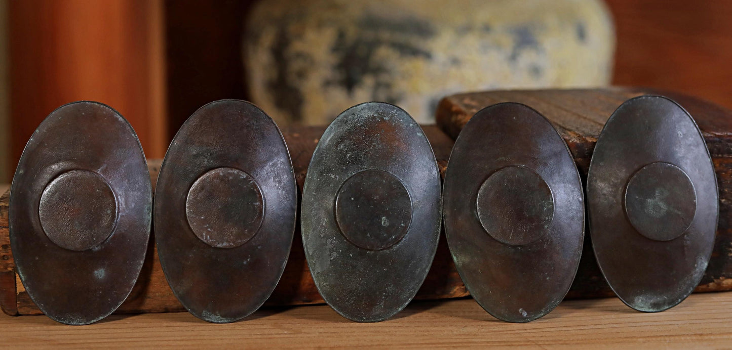 Antique Bronze Cup Saucers - Set of Five Japanese Tea Coasters with Phoenix Design