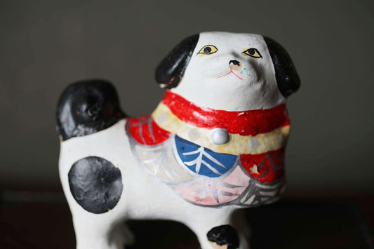 Japanese Paper Dog Doll - Vintage Edo Period Figurine With Colorful Neckband Charm