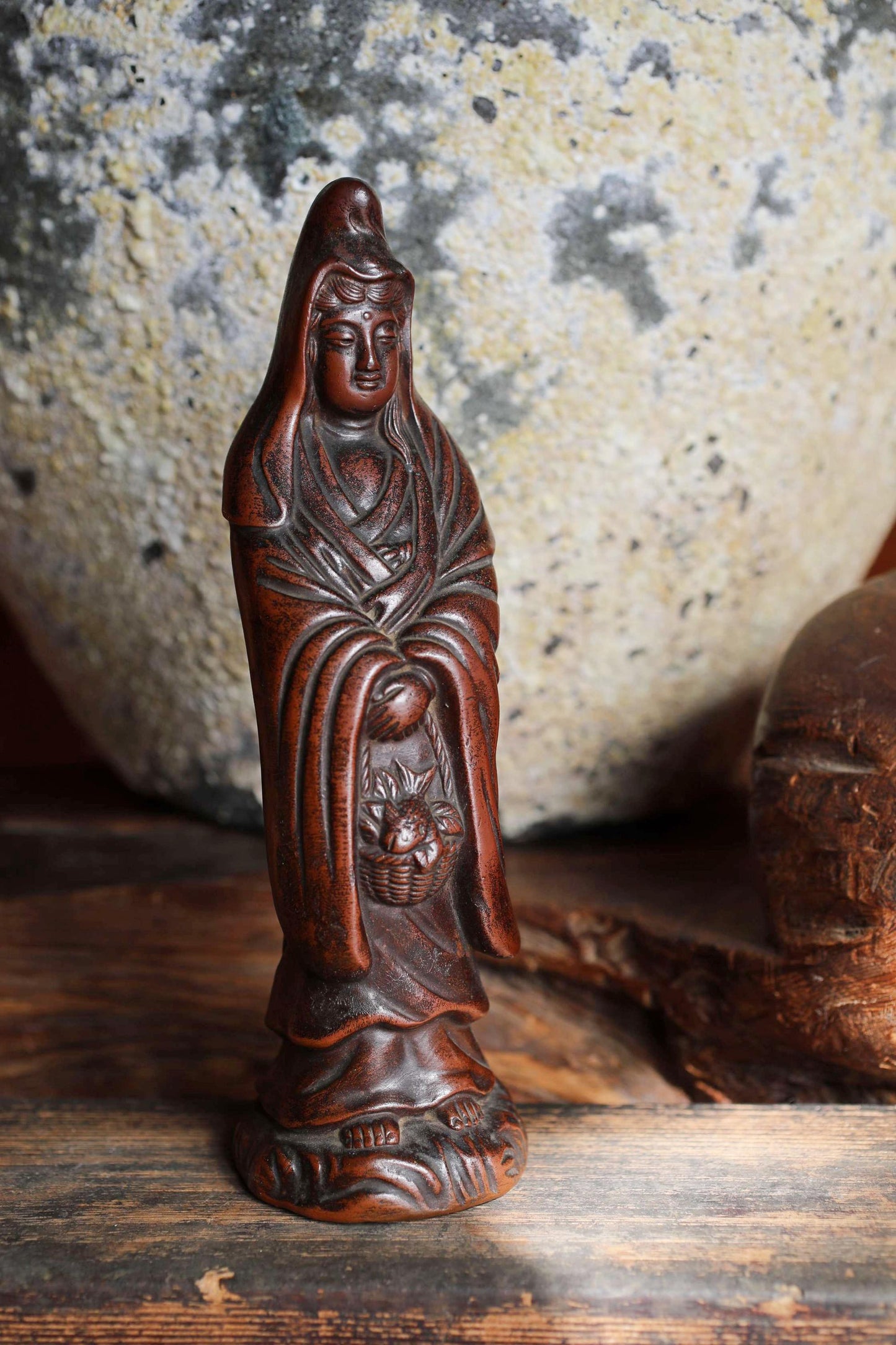 Antique Bizen Kannon Statue – 1920s Unglazed Stoneware Buddhist Figurine