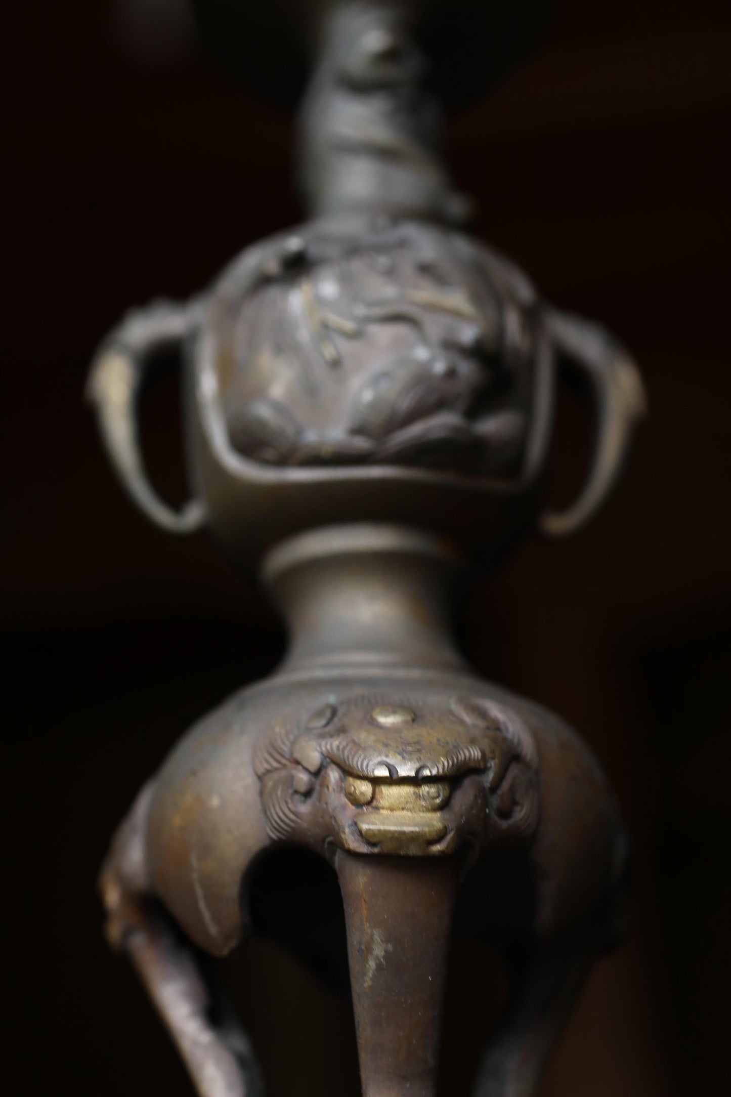 Antique Brass Candlestick Japanese Animal Motif Cast Metal Pillar Candle Holder