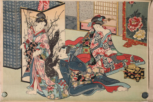 The image is a Japanese woodblock print featuring three women in traditional Japanese attire, including kimonos, sitting on a bed and surrounded by floral patterns and other decorative elements.