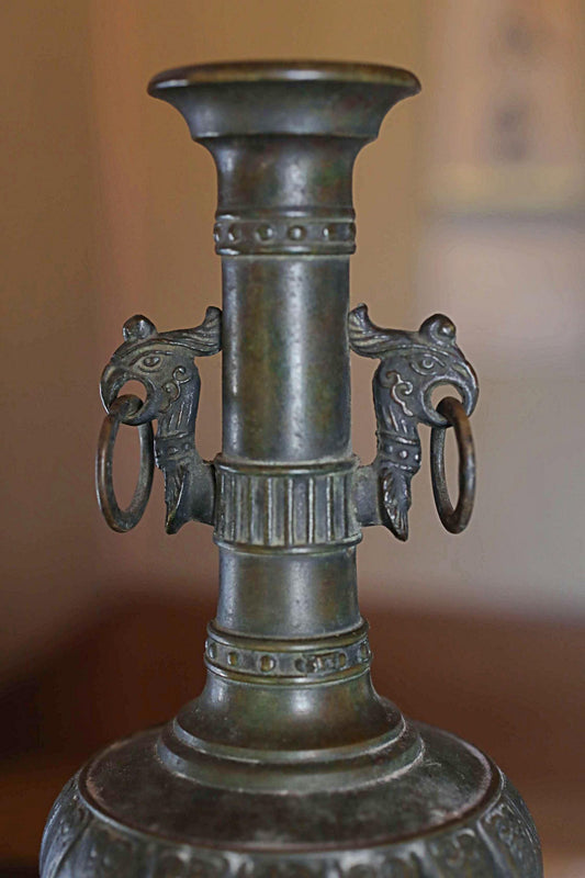 Vintage Bronze Vase - Japanese Antique 1960s Flower Vase with Phoenix Bird Design