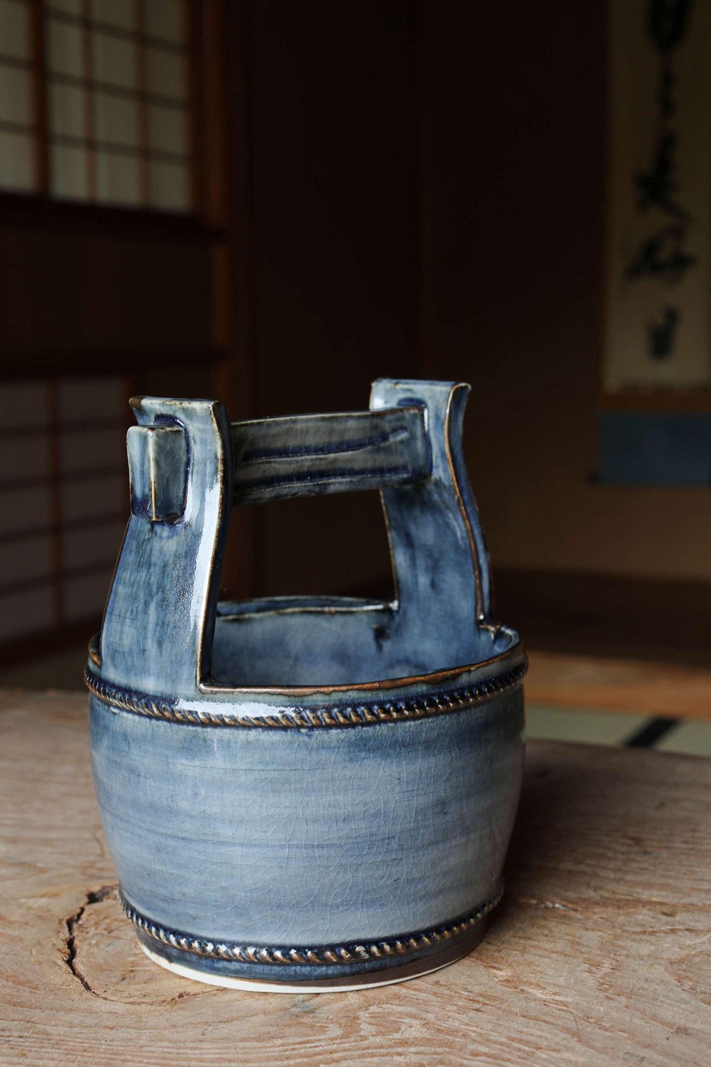 Japanese Vintage Flower Vase - Kiyomizu-Yaki Pottery Indigo Ceramic Teoke Design