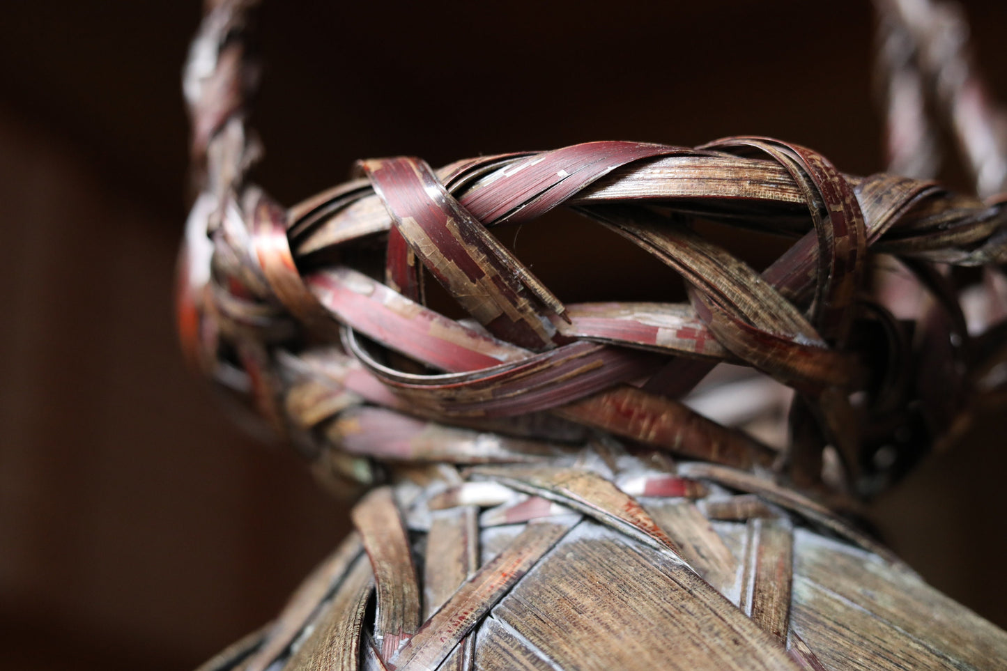 Vintage Bamboo Basket - Japanese Woven Ikebana Flower Container | Smoke Stained