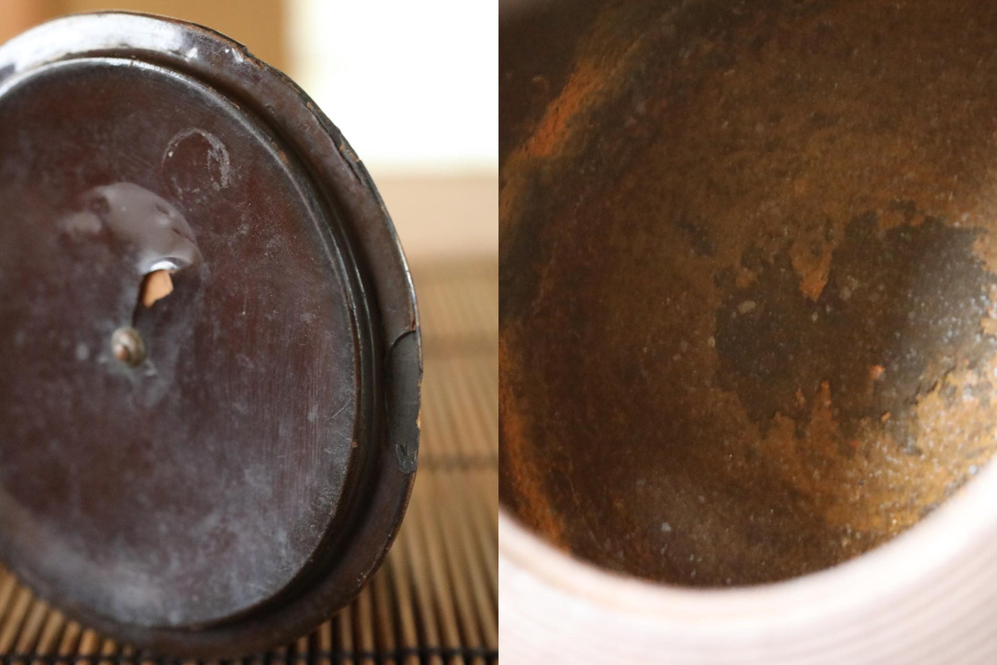 Japanese Cast Iron Sake Pot – Antique Chōshi with Lacquered Lid & Myoga Crest Design