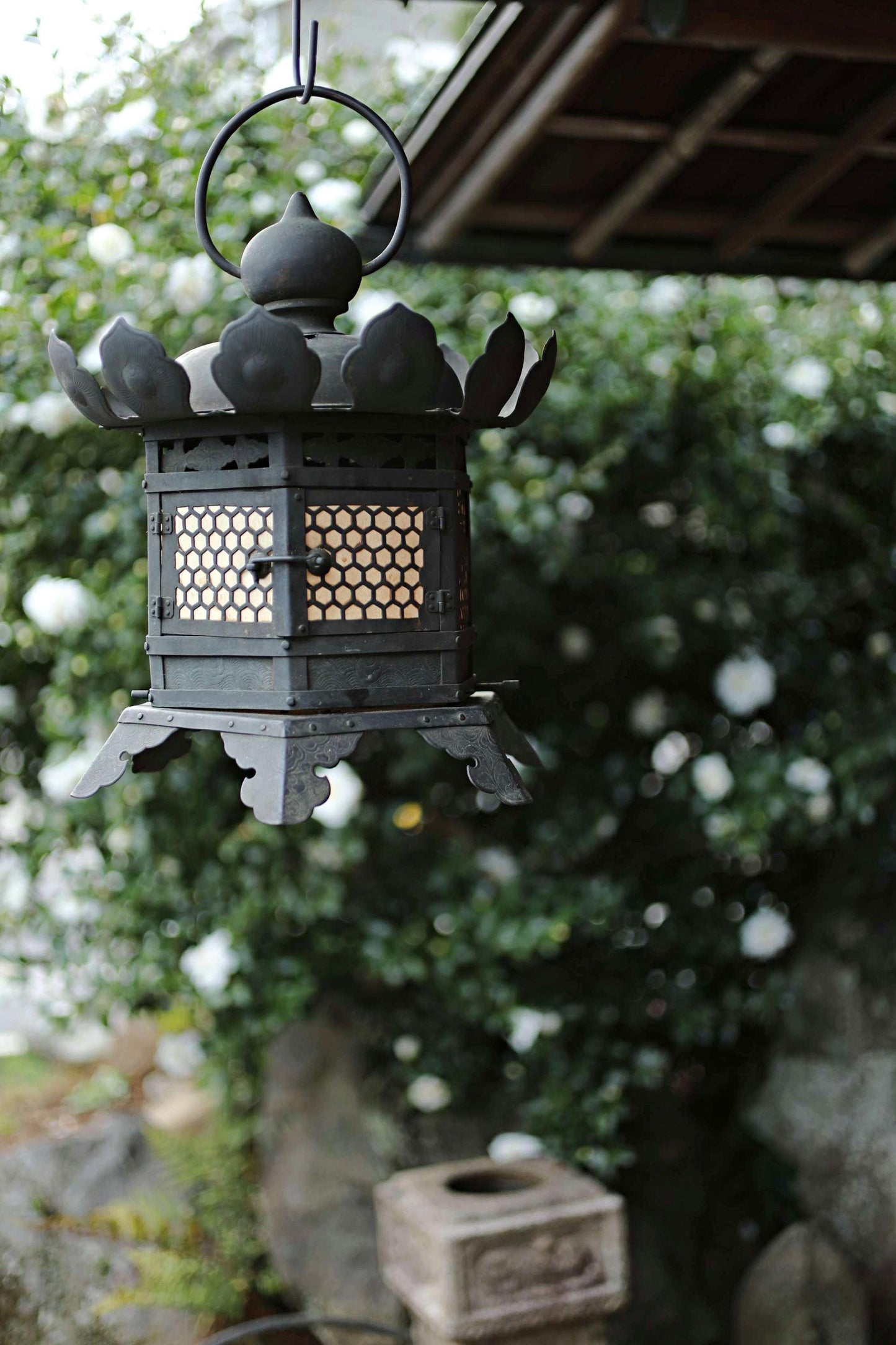 Japanese Buddhist Lantern - Antique Bronze Hanging Temple Lantern with Lotus Flower Design