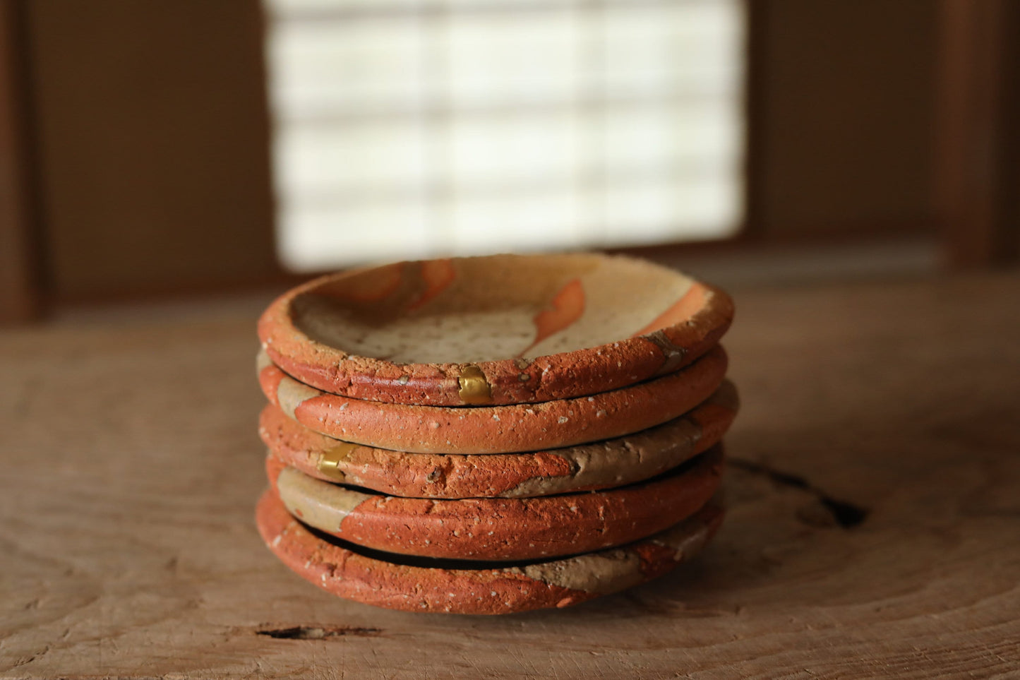 Shigaraki Ware Plates – Set of Five Vintage Japanese Ceramic Plates with Gold Kintsugi Repair