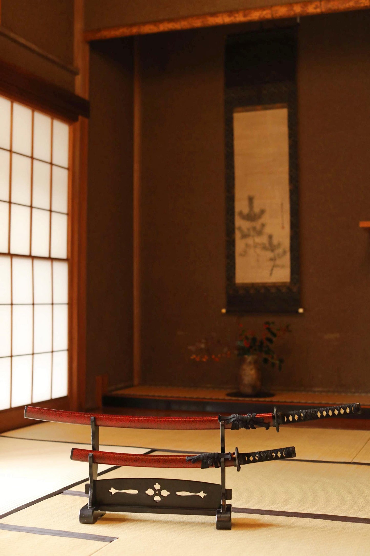 Katana Sword Rack - Vintage Black Lacquer Double Tier Samurai Sword Stand W17.9in