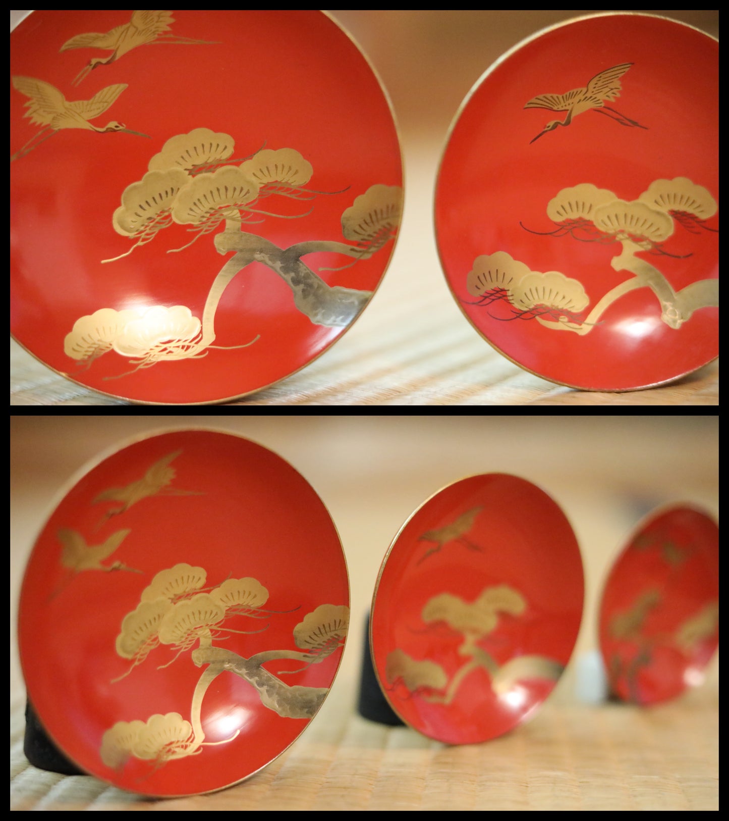 Japanese antique 1910s Gorgeous Lacquer full set Sake cup/ Pot/ Table/ box /plates /black gold pine crane MAKIE URUSHI 17.3in×12in/44×30.5cm