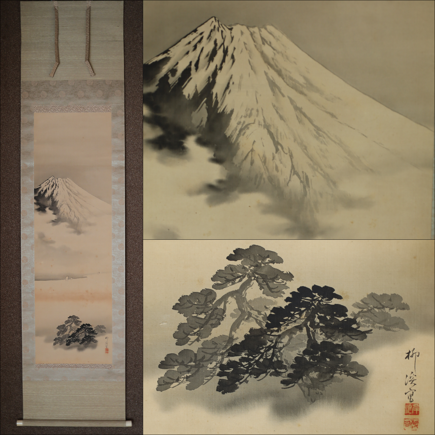 Fujiyama Japanese antique ink wash painting hanging scroll, KAKEJIKU 岸浪柳渓 (1855-1935) signed Boxed 77in/195.5cm