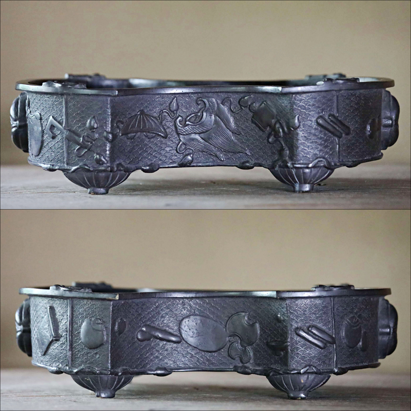 FINE! Japanese Antiques Lost Wax Bronze Basin 1890s weight shaped with dragon relief, SUIBAN, metal craft For IKEBANA W15×D10.6in/W38×D27cm