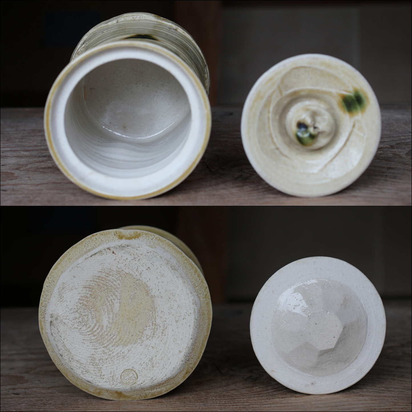 Japanese vintage Mizusashi jar with lid ceramic kiln craft For Tea ceremony "Ki-seto" with signed W7.5in/W19cm