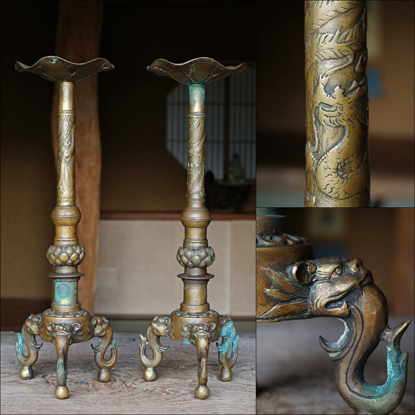 Large! Pair of Japanese Antique Brass candlestick Buddhist temple candle stand metal craft with dragons lions Lotus with sign H16.5in/H42cm