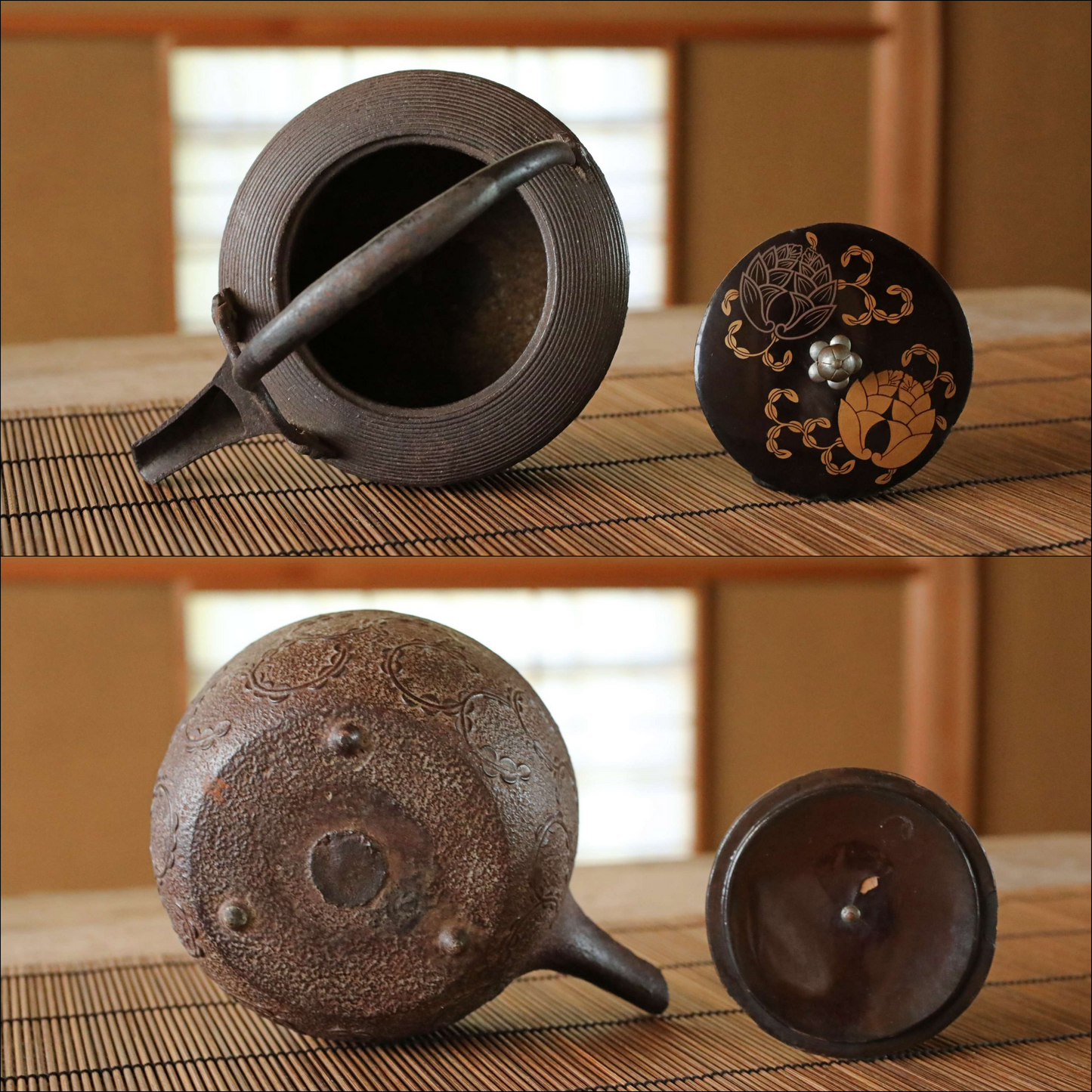 Japanese Antique iron Sake Jug  Tetsubin metal craft Japanese antique sake pot with a lacquered lid, sake tableware  H5.5×7.1×5.1in