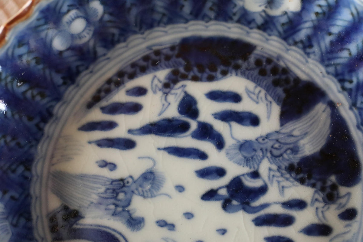 a close-up view of a blue and white porcelain bowl with intricate blue and white designs, including a dragon and other fantastical creatures.