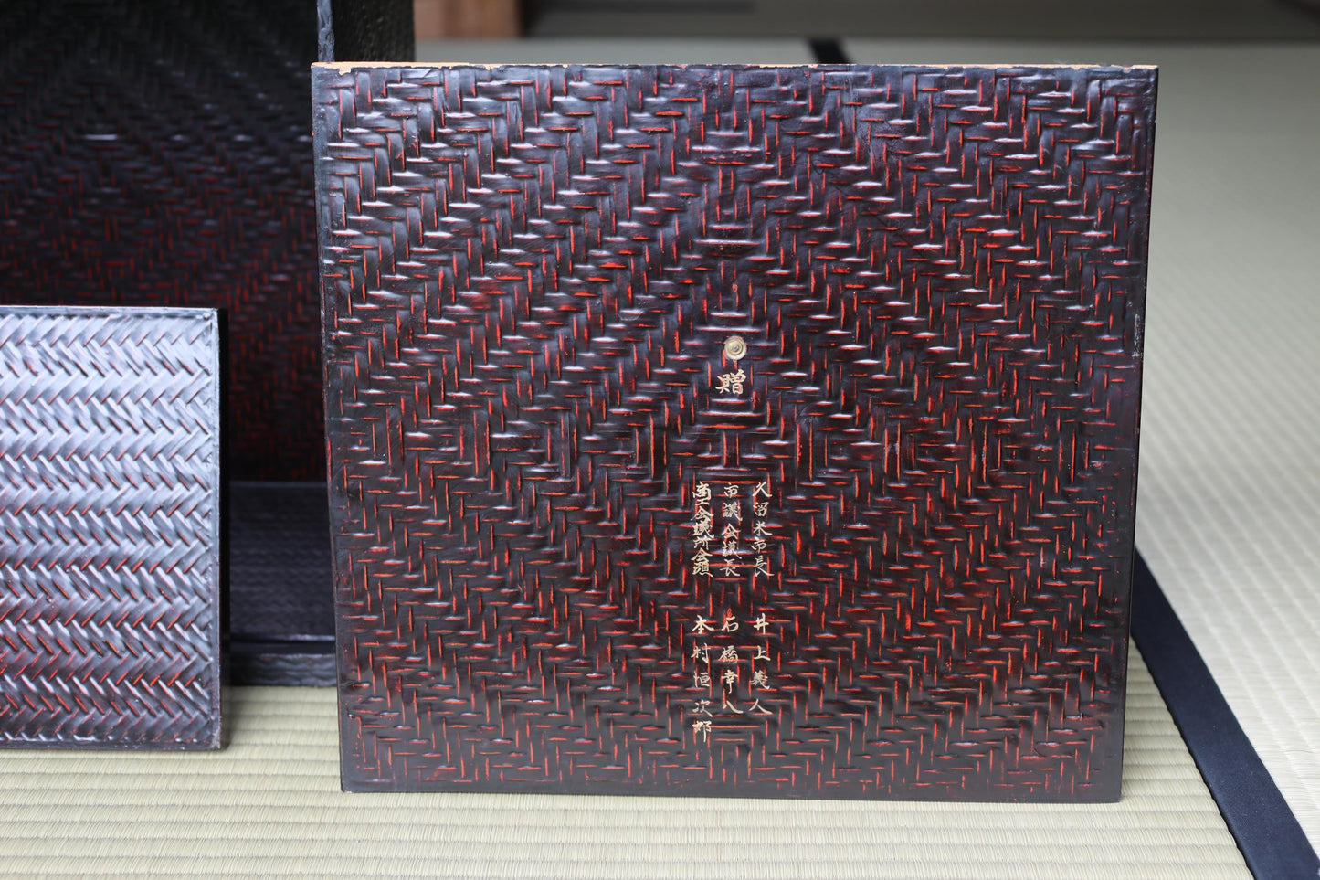 a square-shaped, woven surface with a dark, textured pattern.