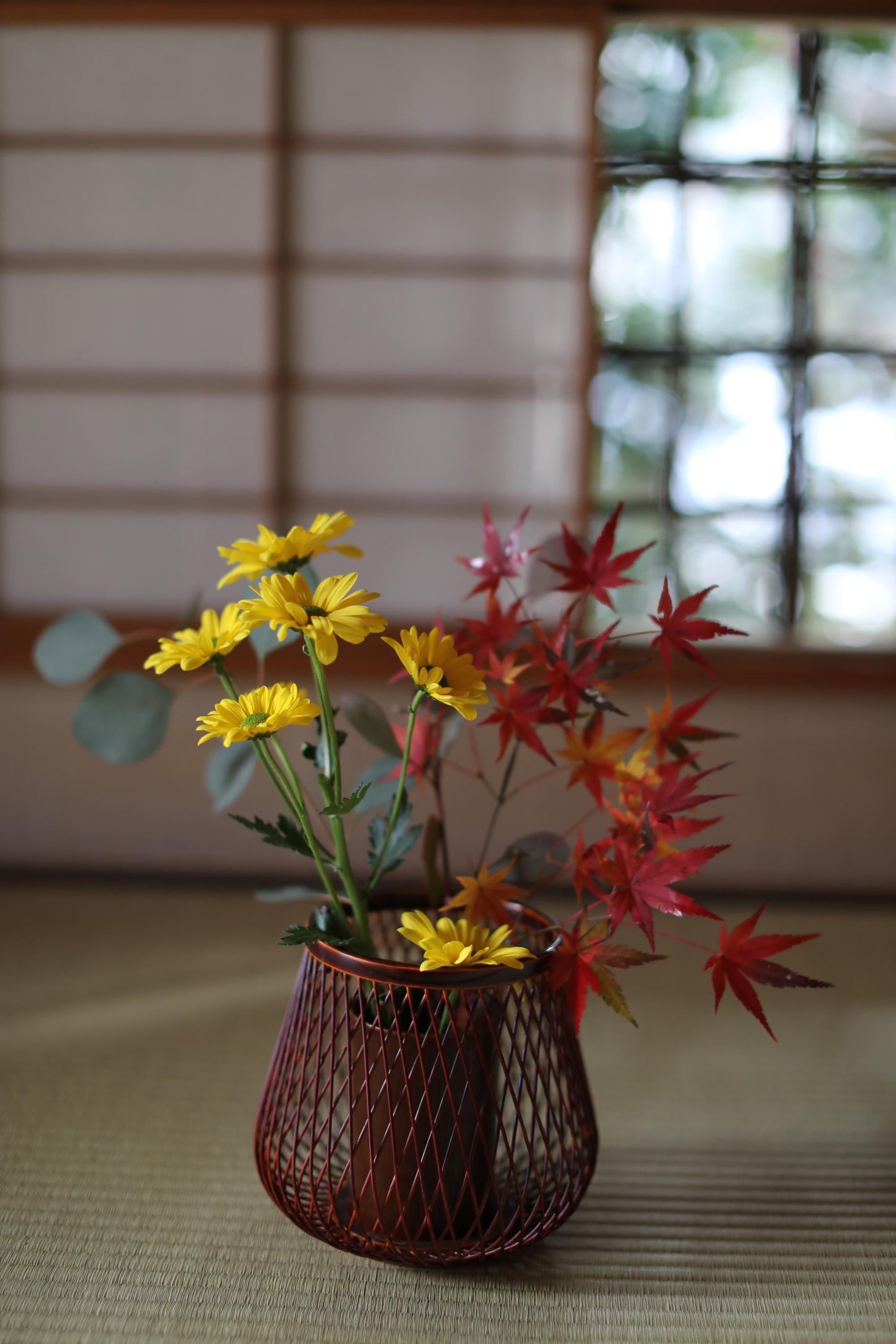 Japanese Bamboo Basket - Vintage Woven Bamboo Vase with Ceramic Ikebana Holder