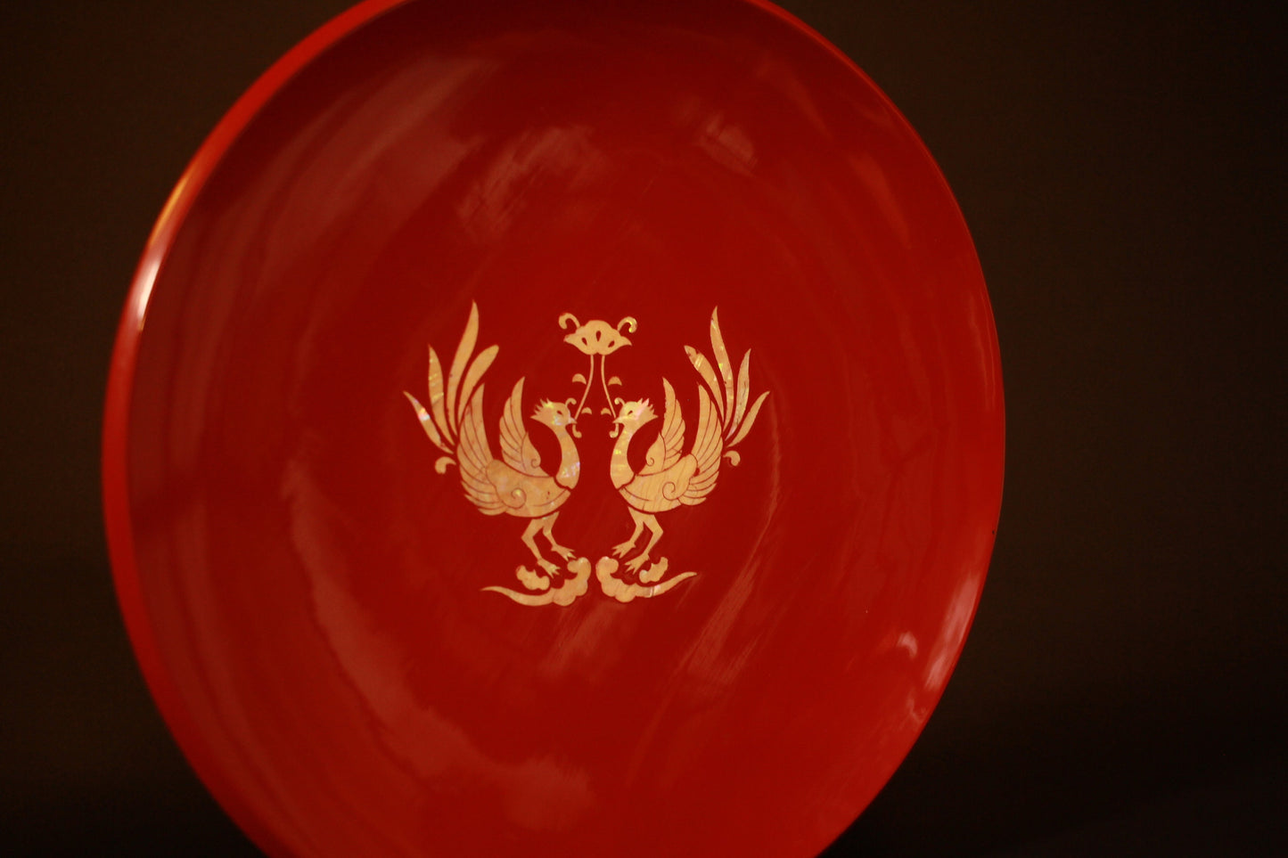Japanese Antique Collectors plate lacquer tray Large Red and Shell RADEN work with a phoenix pattern "URUSHI" tray wooden 12.6in