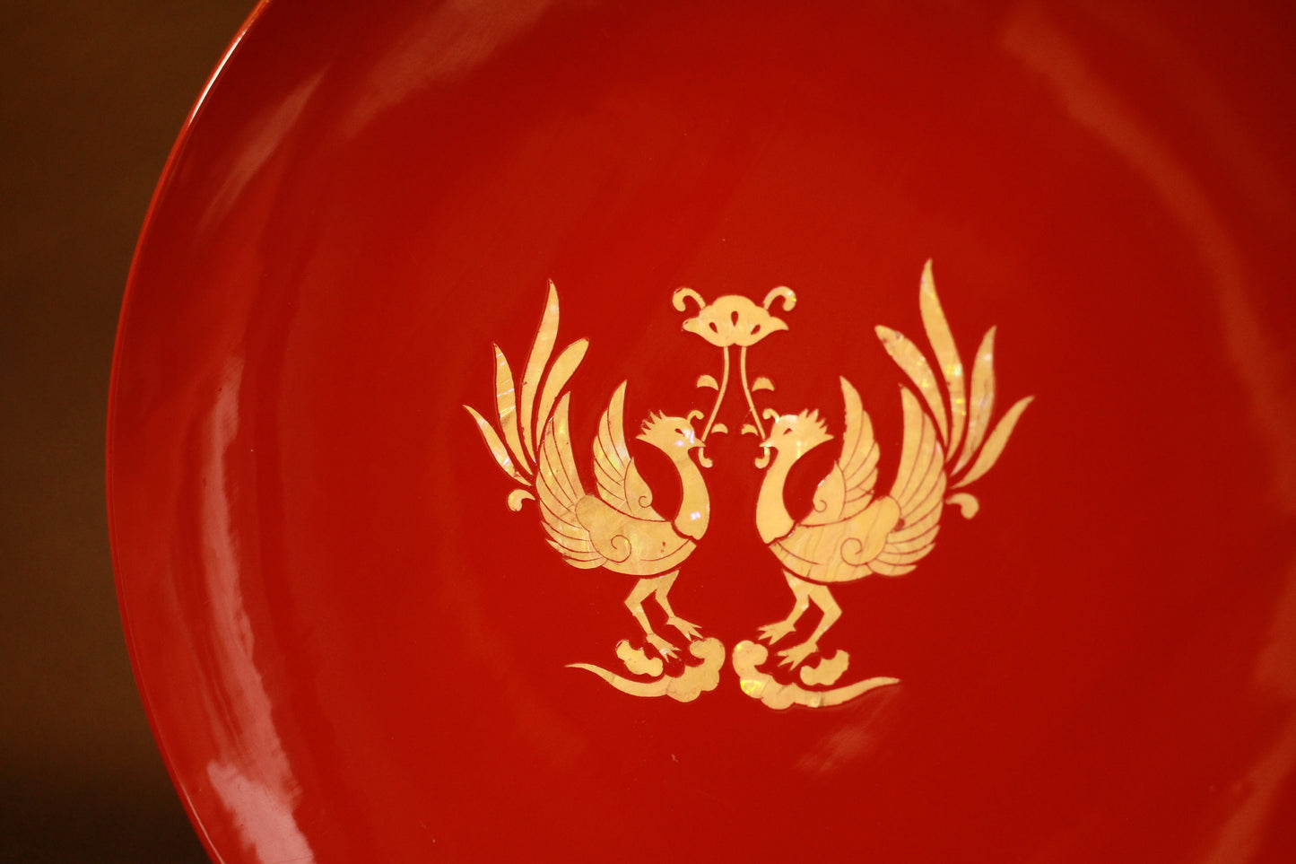 Japanese Antique Collectors plate lacquer tray Large Red and Shell RADEN work with a phoenix pattern "URUSHI" tray wooden 12.6in