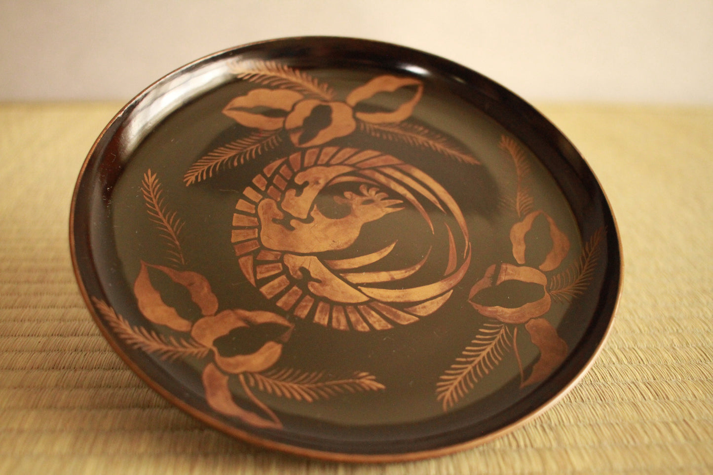 Black lacquer plates Set Five, Japanese Antique tableware wooden dish with hand painting picture of gold phoenix 6.7in