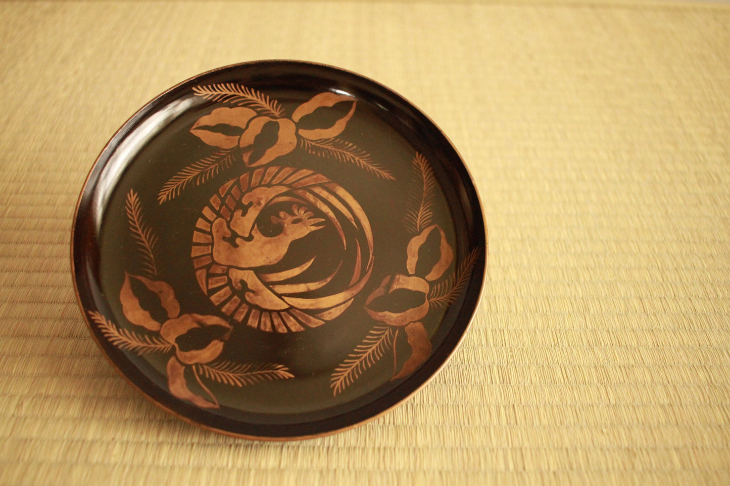Black lacquer plates Set Five, Japanese Antique tableware wooden dish with hand painting picture of gold phoenix 6.7in