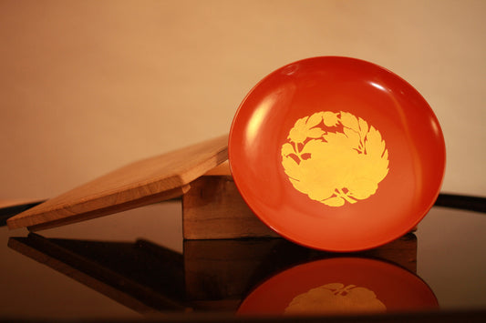 Red Makie lacquer wooden sake cup with gold a picture of peony, Japanese Antique wooden "sakazuki" with wooden box 0.8×4.3in