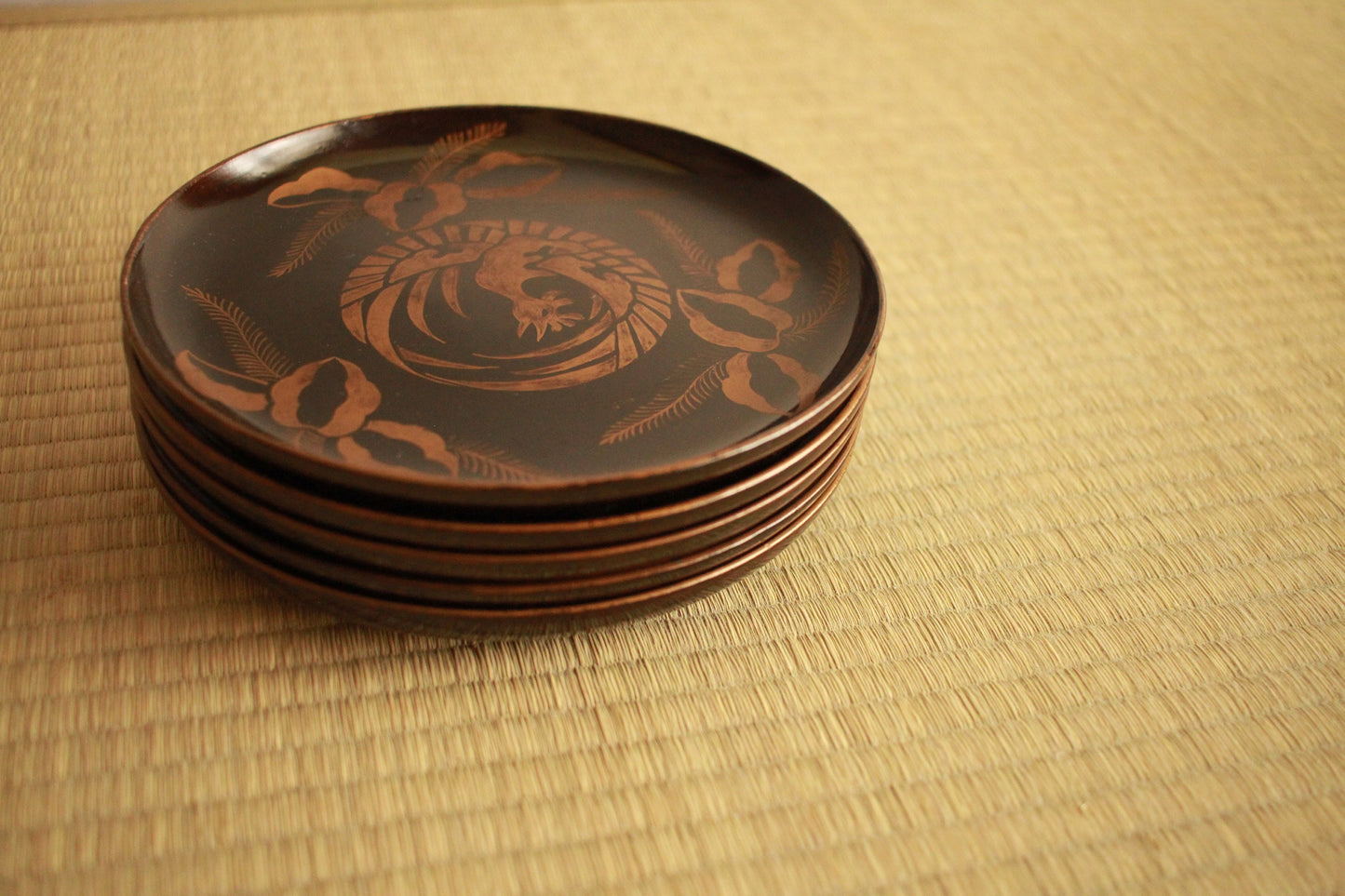 Black lacquer plates Set Five, Japanese Antique tableware wooden dish with hand painting picture of gold phoenix 6.7in