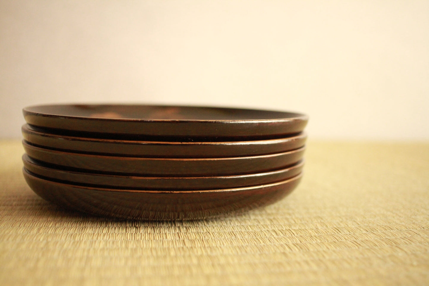 Black lacquer plates Set Five, Japanese Antique tableware wooden dish with hand painting picture of gold phoenix 6.7in